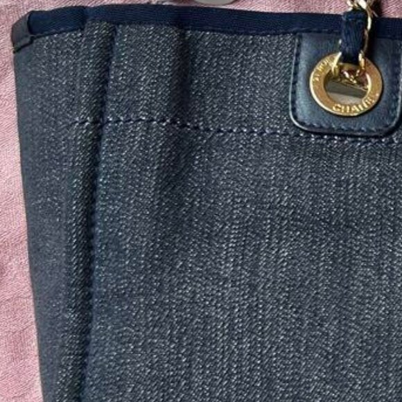 Authentic CHANEL CC Canvas MM Deauville Tote Blue Denim Navy Chain Shoulder Bag - Picture 13 of 16